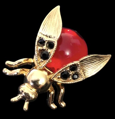 TRIFARI Bug Bee Pin Brooch Red jelly belly black rhinestones TREMBLER wings VTG
