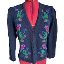 Vtg Susan Bristol Medium Worsted Wool Hand Embroidered Sequin Cardigan Sweater