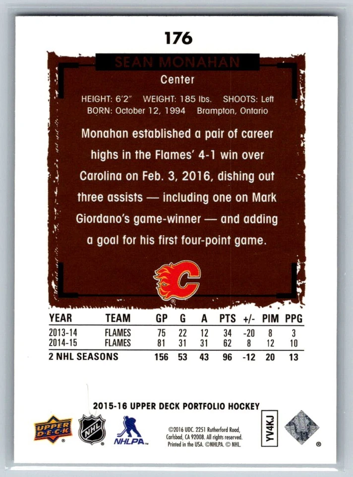 2015 Upper Deck Portfolio #176 Sean Monahan Calgary Flames - Image 2 of 2