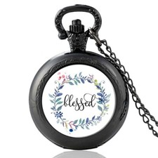 Woman's Men's Pendant Necklace Pocket Watch Jewish Christian Biblical "Blessed"