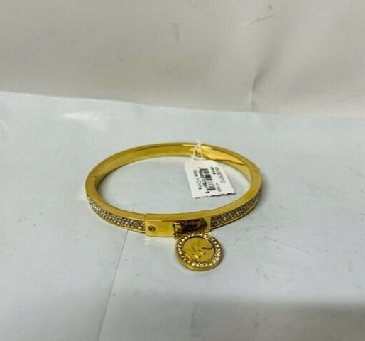 Michael Kors Mkj5976 Gold MK Logo Pave Charm Hinge Bangle Bracelet  