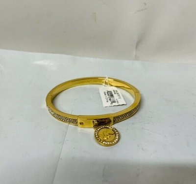 Michael Kors Mkj5976 Gold MK Logo Pave Charm Hinge Bangle Bracelet 
