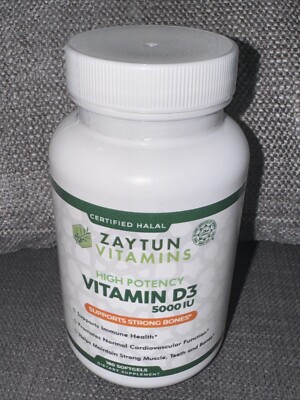 Zaytun Vitamins Halal Vitamin D3 5000IU 180 Softgels Supports Bone Health, Halal