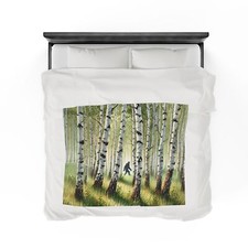 Plush Blanket, Bigfoot Sasquatch in Aspen Birch Grove Woods Watercolor Cryptid