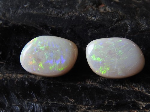Australian Opal Doublet Smooth Multi Fire Cabochon Matched Pair 9X6X3MMMS - Picture 4 of 10