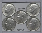 Roosevelt dime lot of 5, 1964-D, 1964-D, 1964-D, 1964-P, 1964-P.  90% silver.