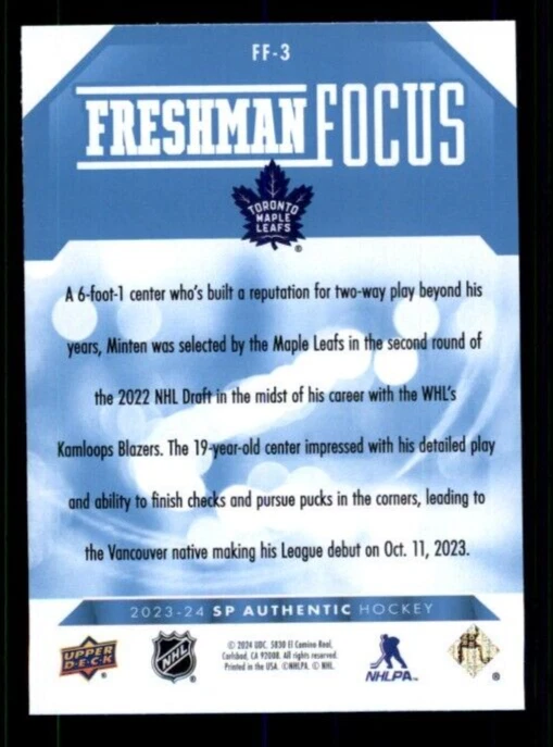2023-24 SP Authentic Freshman Focus Blue #FF3 Fraser Minten. - Image 2 of 2