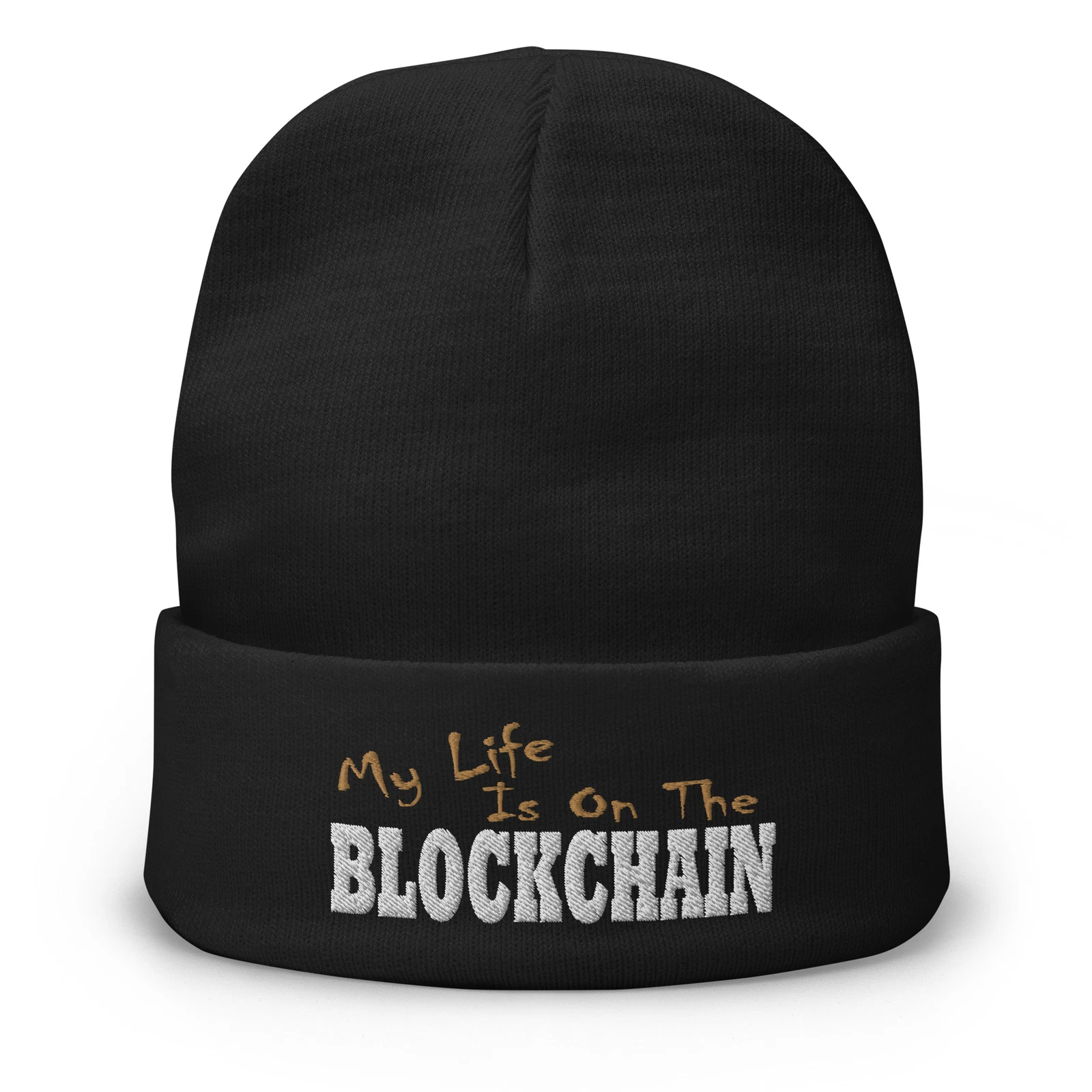 My Life is on the Blockchain Crypto Satire Bitcoin Embroidered Cuff Beanie Cap