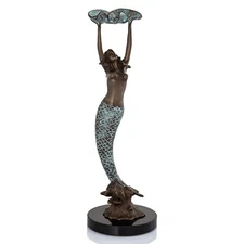 Brass Marble Beautiful Mermaid with Tray Sculpture Statues Coastal Home Décor