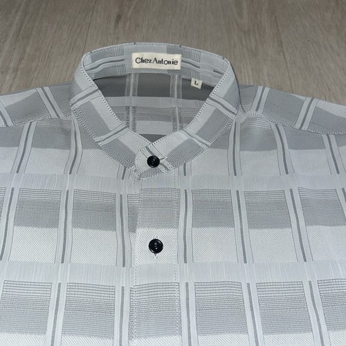 VINTAGE Chez Antonie Herren Gr. L Langarm Knopfleiste grau Seide Kleid Hemd Oberteil - Bild 2 von 7