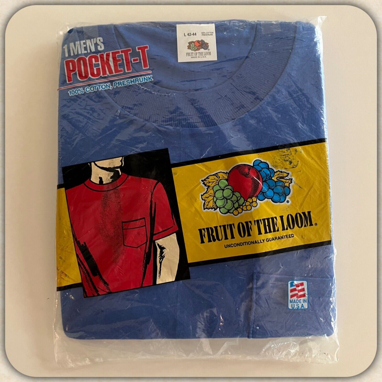 1991 NOS Fruit of the Loom Blue Pocket Tee Shirt … - image 1