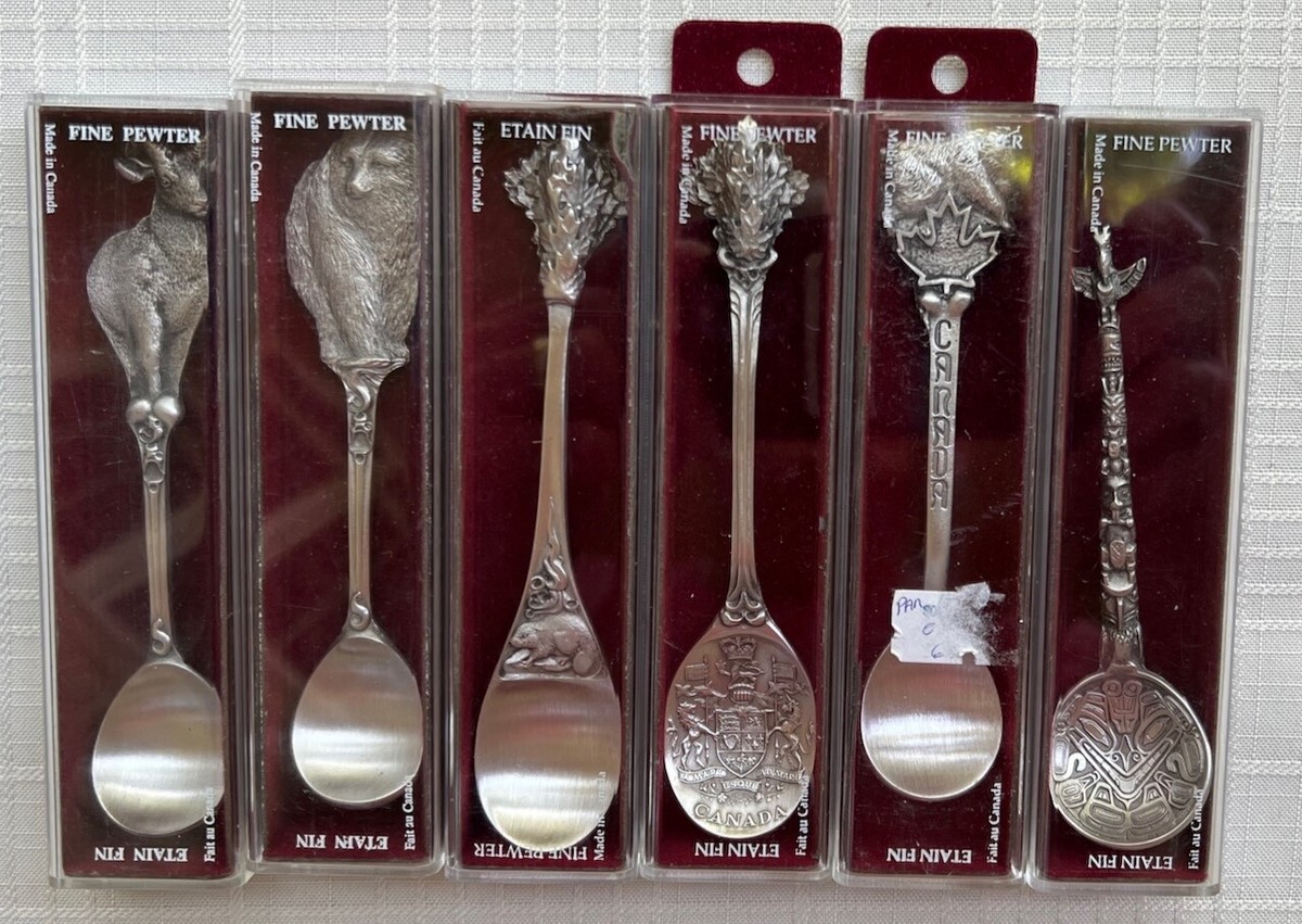 Six Boma Canada Pewter Collector Spoons: Bear, Sheep Maple Leaf