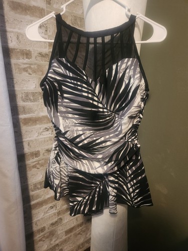 Vestido de baño Alisha Levin talla 12 negro estampado de palma traje de baño de una pieza con falda de malla - Imagen 3 de 5