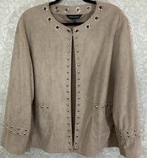 MING WANG Women’s Jacket 1X Tan Faux Suede Studded Rivets Long Slvs