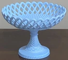 Blue Milk Glass compote basket weave and lace Victorian Challinor and Taylor