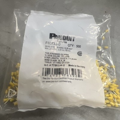 Panduit Fsd73-8-D Ferrule, 24 Awg, Pp, Yellow, 15/32In., Pk500