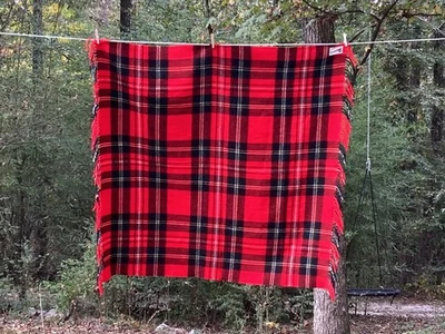 Vtg Sears, Roebuck + Co Harmony House Plaid Wool Fringed Throw Stadium Blanket - Image 1 of 4