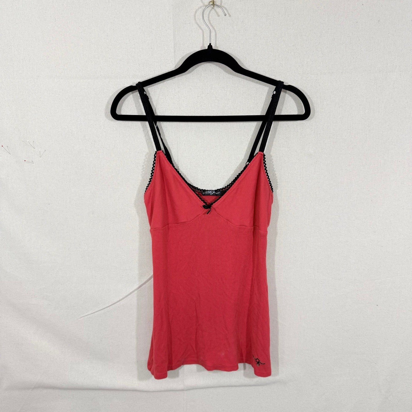 Guess Jeans Red Ribbed Lace Trim Camisole Tank Top XL Bow Rhinestone Y2K