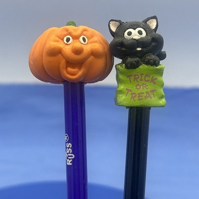 Vintage Russ Halloween Pencil Toppers Pumpkin Black Cat Taiwan Trick Or Treat