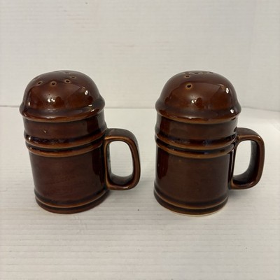 Vintage Nasco Brown Drip Ware Salt & Pepper Shakers With Handles Stoneware