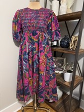 Farm Rio Rainbow Macaws Purple Puff Sleeve Smocked Midi Dress Women's SIZE XS
