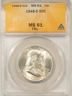 1948-D FRANKLIN HALF DOLLAR - ANACS MS-61 FBL