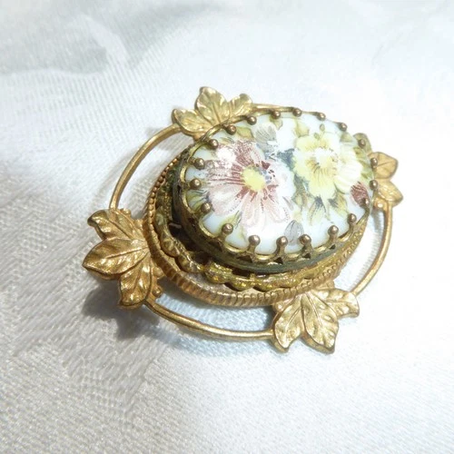 Signed 1950s MIRIAM HASKELL Gold Tone Painted Flowers on Porcelain BROOCH