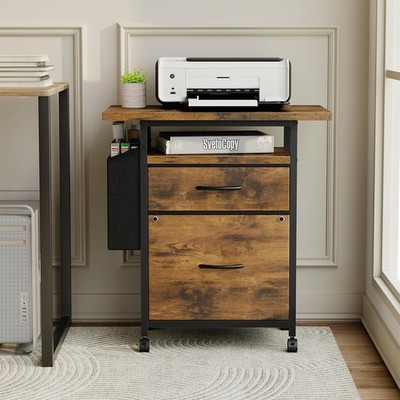 OLIXIS Mobile File Cabinet Printer Stand with 2 Fabric Drawers&Extended Desktop