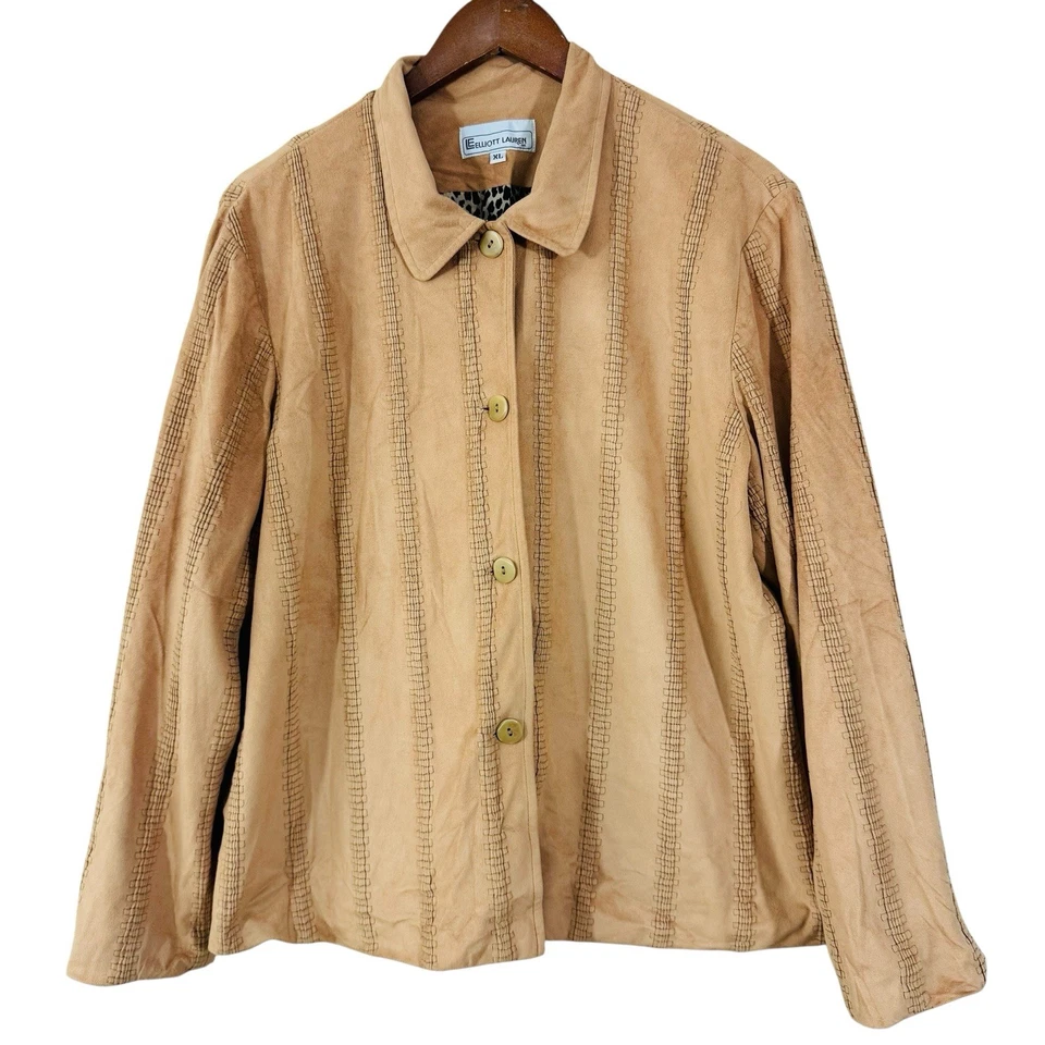 Elliott Lauren Y2K Mujer Gamuza Terciopelo Camisa Chaqueta Caqui XL Abotonada Forrada Foto 3 de 4