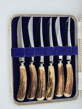 Vintage Atkinson Bros Sheffield Antler Steak Knives Set of 6 w/ Bear Mark & Case