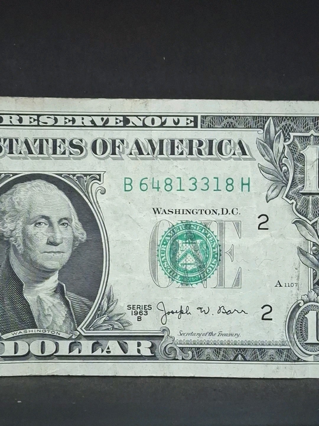 1963 B $1 Joseph Barr One Dollar Bill Federal Reserve Note New York 