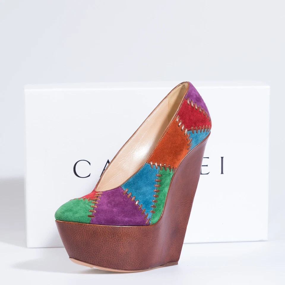 Casadei High Wedge Heel Shoes Multi-Color Suede Platform Pumps Size US 6 EU 37 - Image 2 of 4