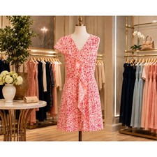 Ann Taylor Cream Red Ruffle Dress Belted V Neck Lined Career Cocktail Office