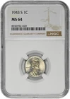 1943 S 1C Lincoln Steel Wheat Cent NGC MS 64 New Holder with Light Toning