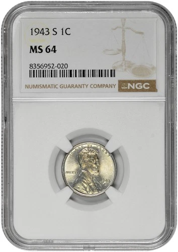 1943 S 1C Lincoln Steel Wheat Cent NGC MS 64 New Holder with Light Toning