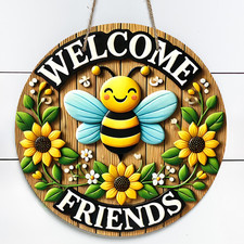 Bee and Sunflowers Welcome Friends 10" Metal Round Door Sign