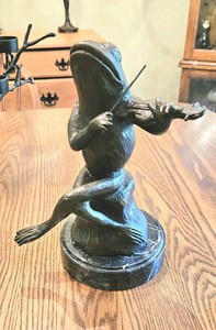 Bronze  FROG AND FIDDLE  Sculpture Signed  AJ ROCK 