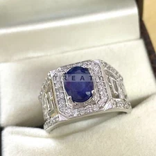 Blue Sapphire Oval Cut Gemstone With 925 Sterling Silver Ring For Men's #211 *
