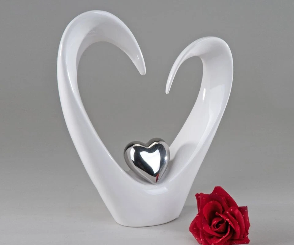 Deko-Skulptur-"Coeur"-Herz-Steingut-weiß-silber glasiert H 33cm Groß Formano - Bild 3 von 4