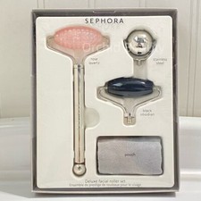 New Sephora Deluxe Facial Roller Set Rose Quartz, Black Obsidian Stainless Steel