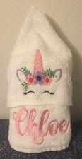 Hooded Bath Towel - sizes NB-3 4 Unicorn Face with Name on Side of Towel