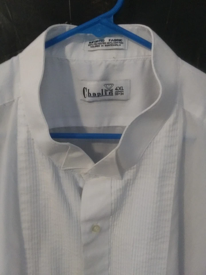 Camisa de vestir formal y esmoquin plisada blanca Chaplin para hombre 4XL 33-34 tela importada Foto 3 de 4