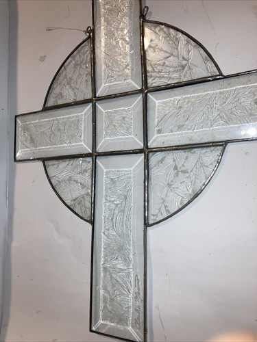 Stained Glass Sun Catcher Cross Beveled Textured Artist Signed 10x12” - Picture 3 of 6