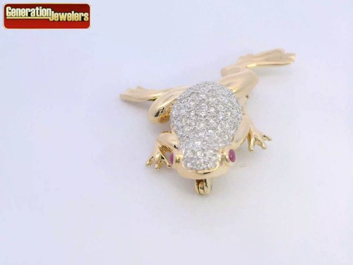 SUPER UNIQUE DIAMOND & RUBY FROG BROOCH 18K YELLOW GOLD PIN FREE US SHIP - Picture 3 of 5