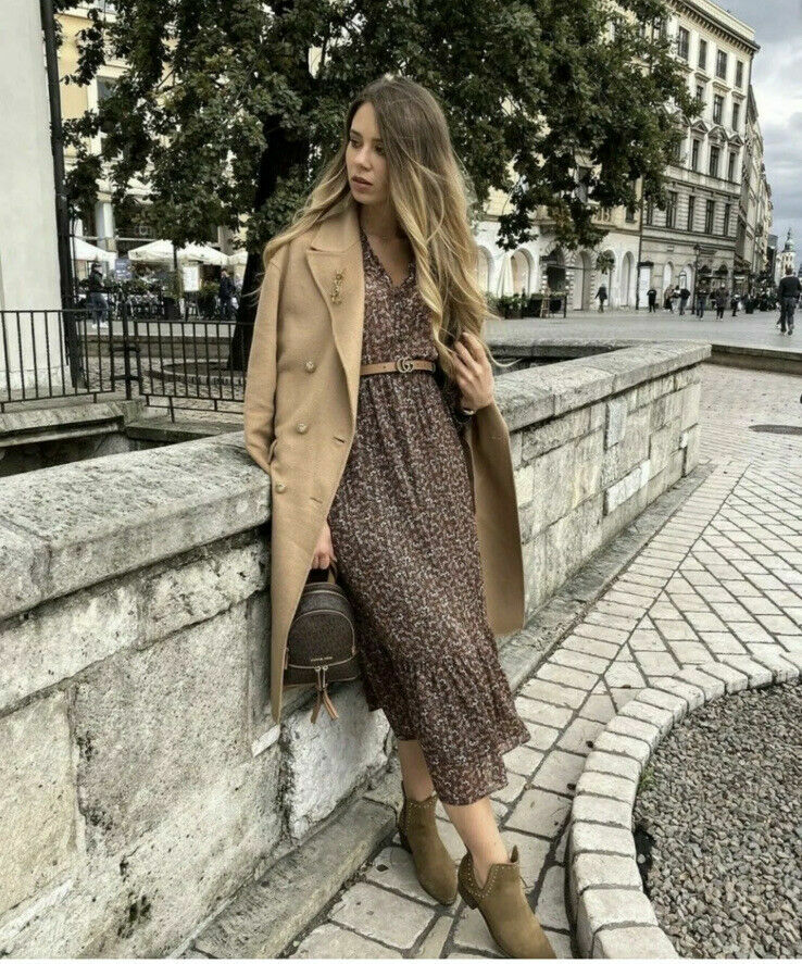 ZARA FLORAL BROWN PRINTED MIDI DRESS BELT ASO KATE MIDDLETON 3666