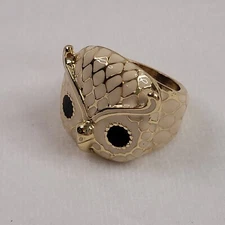 Gold Tone Cream Enamel Owl Head Ring Size 8 Boho Hippie Urban Chic Bird