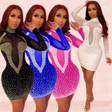 Stylish New Women's Long Sleeve Rhinestone Mesh See-through Sheath Party Dress