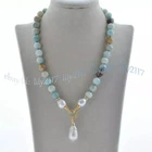 Natural Multicolor Amazonite Gemstone White Keshi Baroque Pearl Pendant Necklace