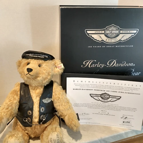 STEIFF HARLEY-DAVIDSON MOHAIR BEAR 100TH ANNIVERSARY WITH BOX, COA, & TAGS