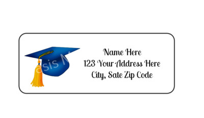 30 Blue Graduation Cap PERSONALIZED RETURN ADDRESS LABELS 1 in X 2 5/8 GLOSSY
